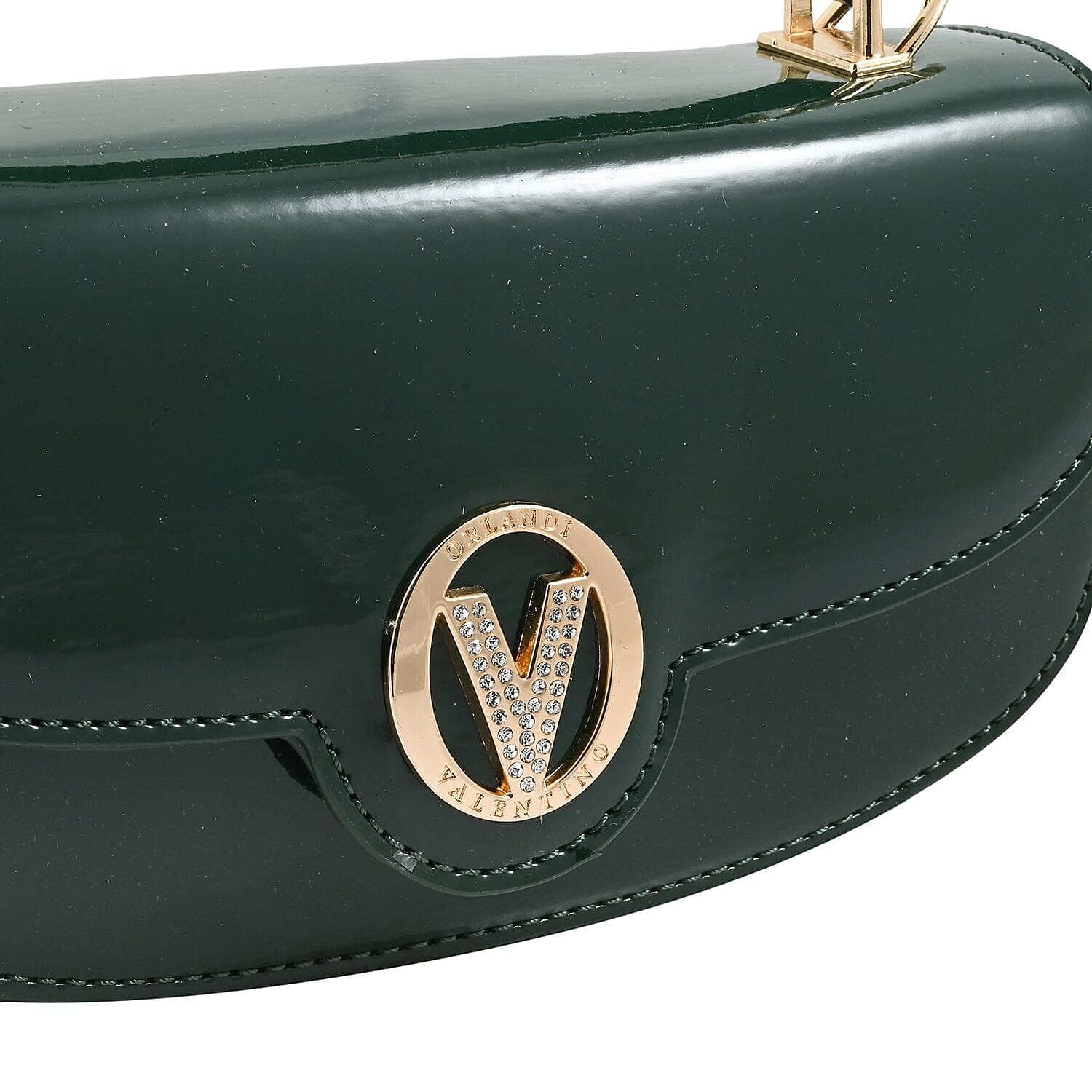 Valentino Orlandi - Italian Designer Glamorous Green Patent East-West Crossbody Bag with Gold Chain - Diamond V Detail