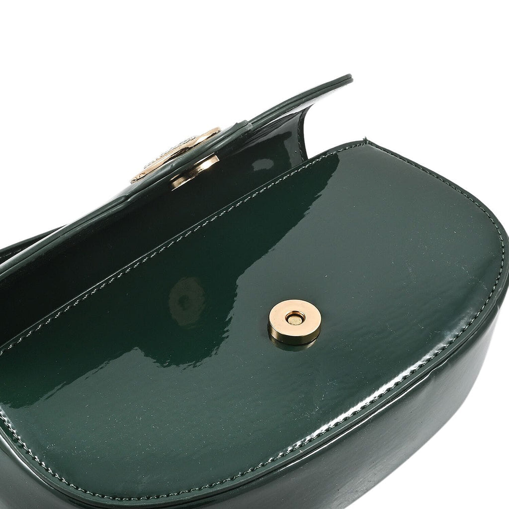 Valentino Orlandi - Italian Designer Glamorous Green Patent East-West Crossbody Bag with Gold Chain - Diamond V Detail