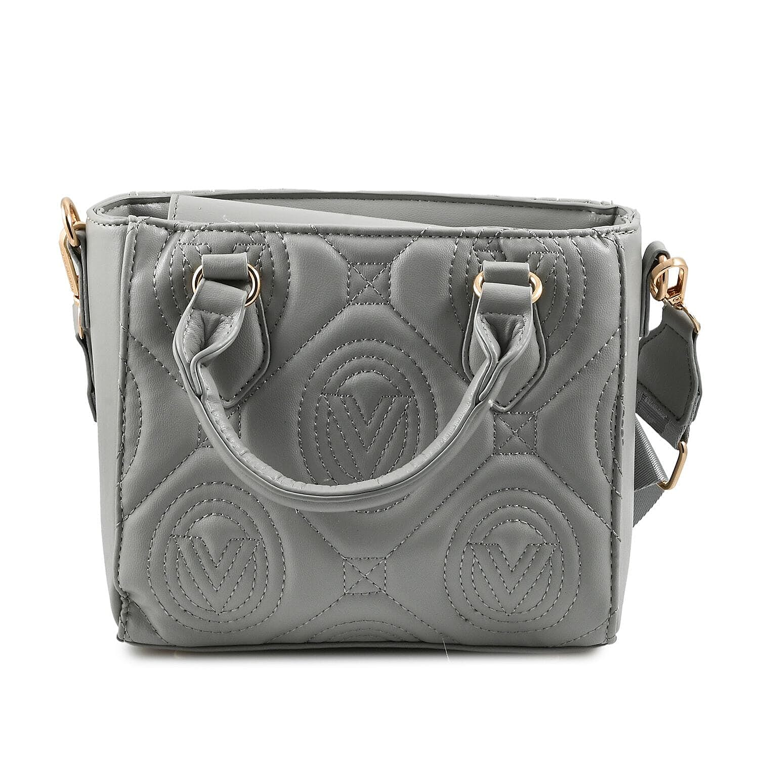 Valentino Orlandi - Italian Designer Quilted Top Handle Shoulder Bag with Adjustable Strap - Light Grey