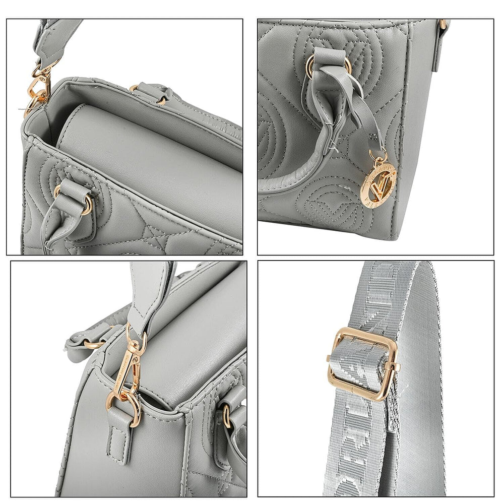 Valentino Orlandi - Italian Designer Quilted Top Handle Shoulder Bag with Adjustable Strap - Light Grey