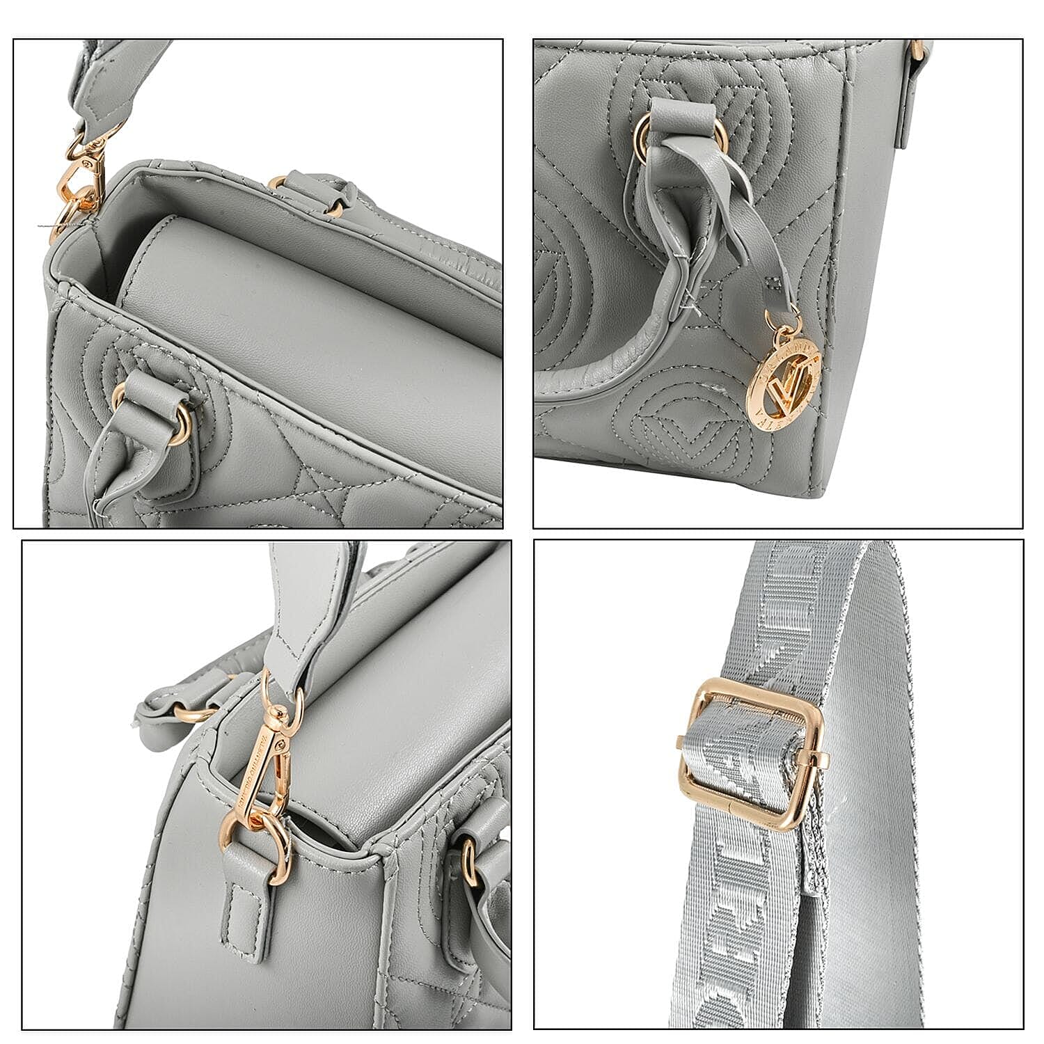 Valentino Orlandi - Italian Designer Quilted Top Handle Shoulder Bag with Adjustable Strap - Light Grey
