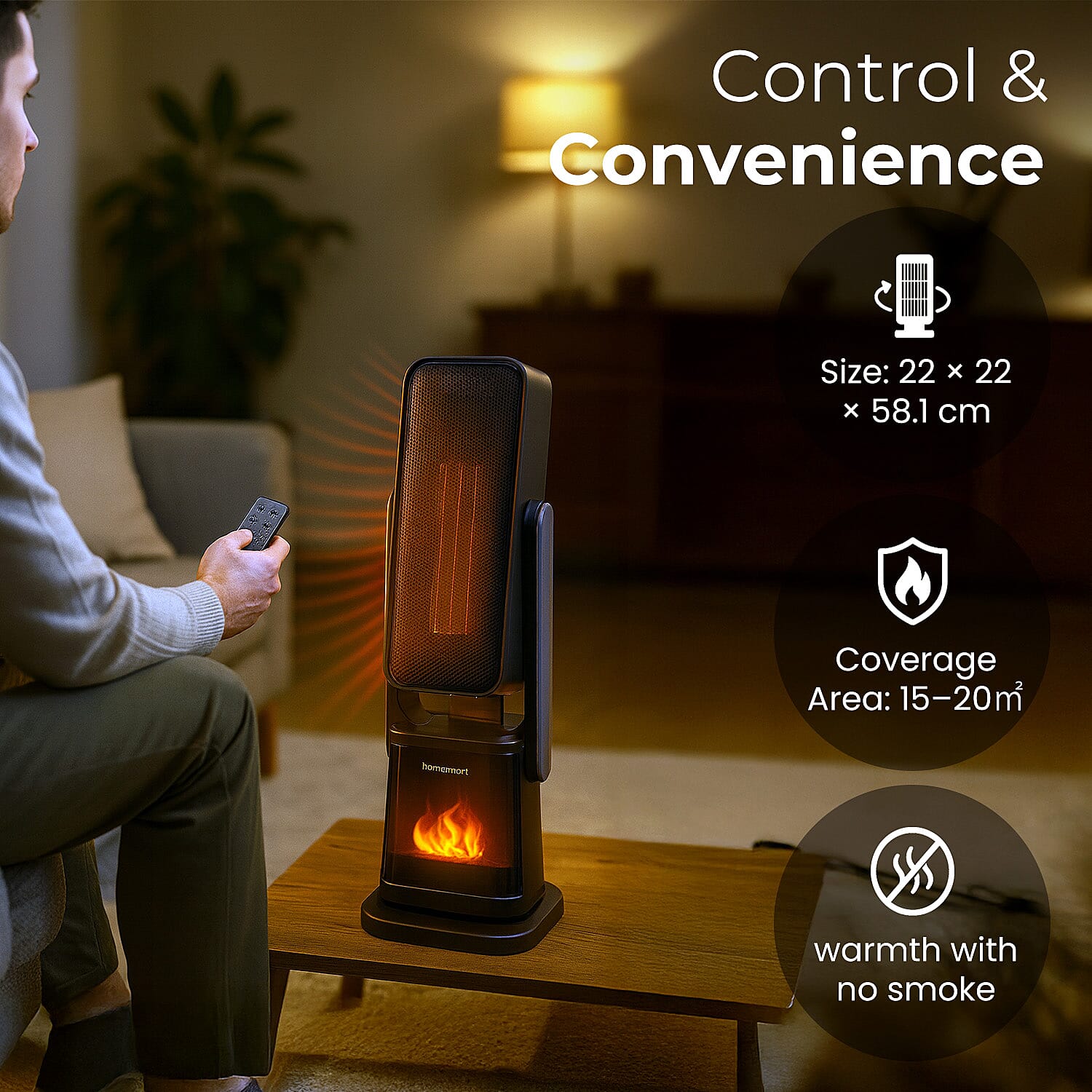 HomeSmart Horizontal & Vertical Oscillation Ceramic Tower Heater with Remote Control - With 3D Fireplace Scene, Child Lock Safety Function