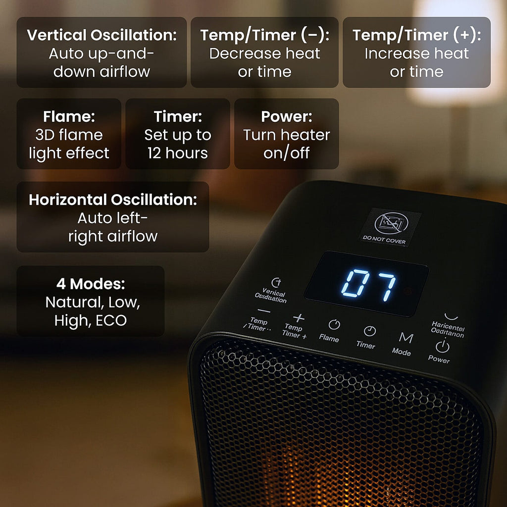HomeSmart Horizontal & Vertical Oscillation Ceramic Tower Heater with Remote Control - With 3D Fireplace Scene, Child Lock Safety Function