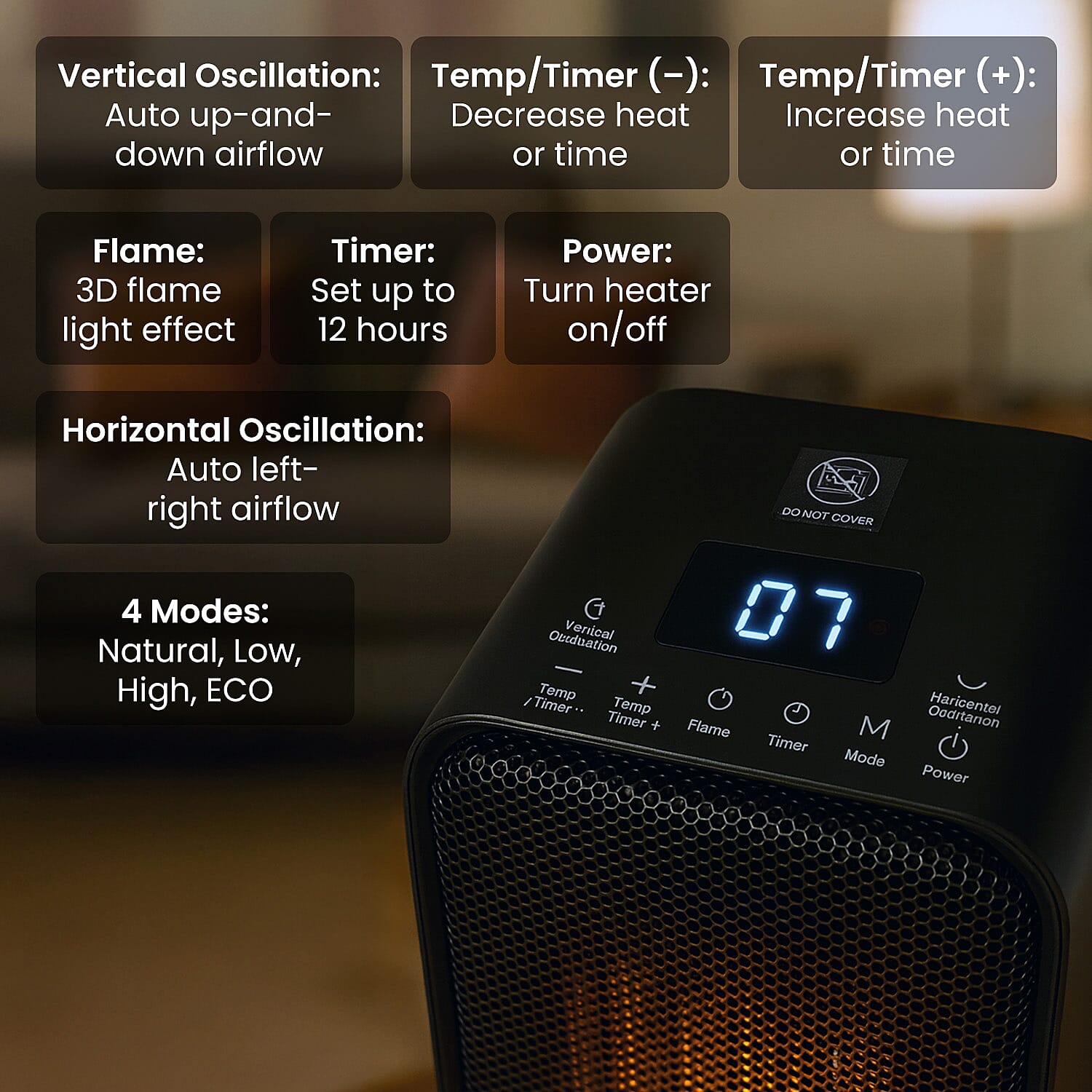 HomeSmart Horizontal & Vertical Oscillation Ceramic Tower Heater with Remote Control - With 3D Fireplace Scene, Child Lock Safety Function