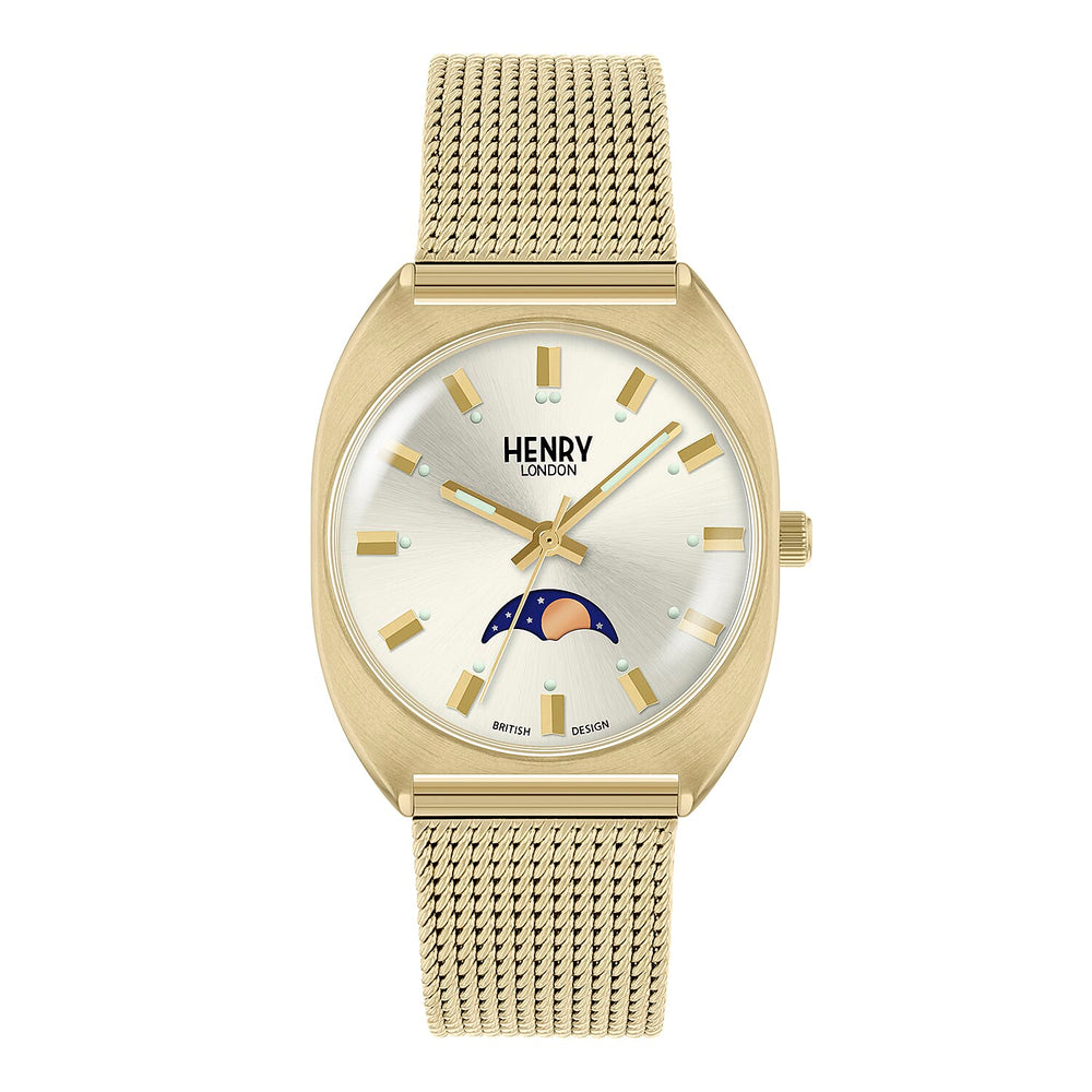 Henry London Moonphase Square Round Ladies White Silver Dial 3 ATM Water Resistant Watch with Gold Colour Mesh Bracelet