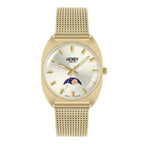 Henry London Moonphase Square Round Ladies White Silver Dial 3 ATM Water Resistant Watch with Gold Colour Mesh Bracelet