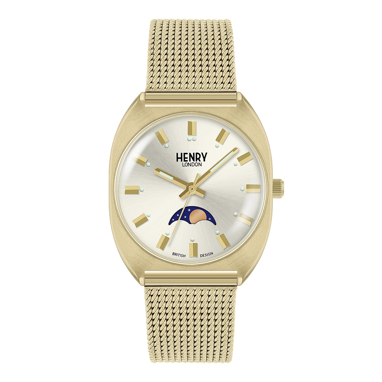 Henry London Moonphase Square Round Ladies White Silver Dial 3 ATM Water Resistant Watch with Gold Colour Mesh Bracelet