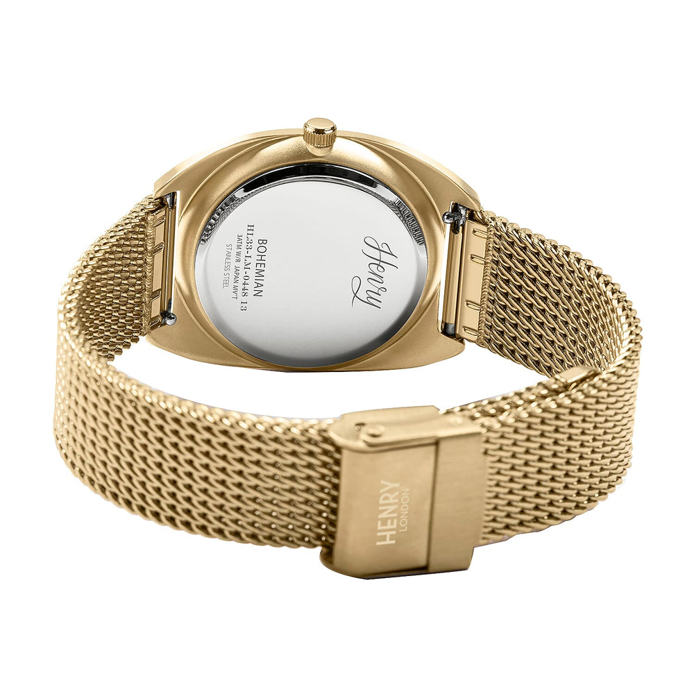 Henry London Moonphase Square Round Ladies White Silver Dial 3 ATM Water Resistant Watch with Gold Colour Mesh Bracelet
