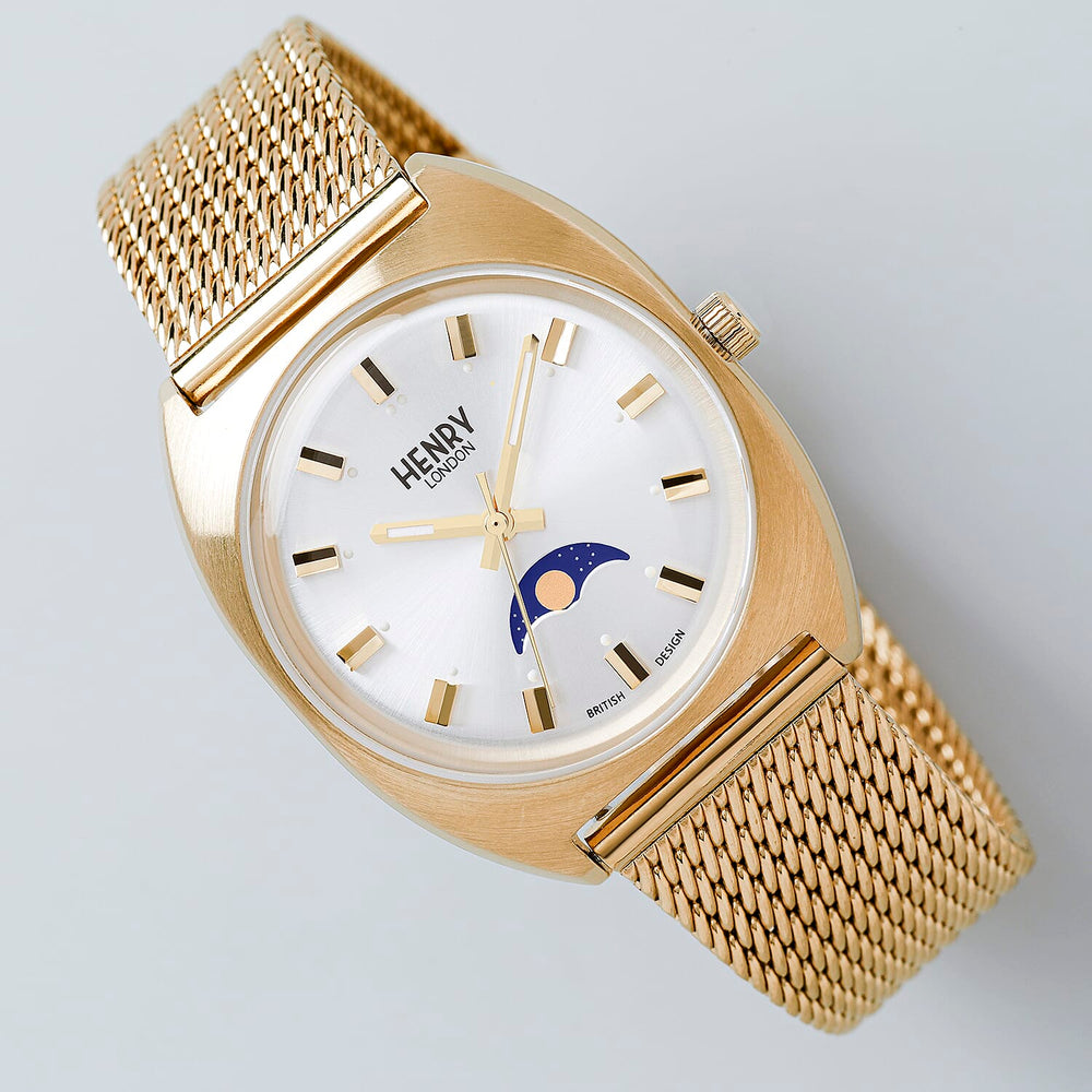 Henry London Moonphase Square Round Ladies White Silver Dial 3 ATM Water Resistant Watch with Gold Colour Mesh Bracelet