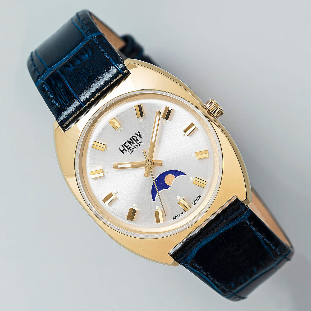 Henry London Moonphase Square Round White Silver Dial 3 ATM Water Resistant Watch with Navy Blue Colour Croc Pattern Strap