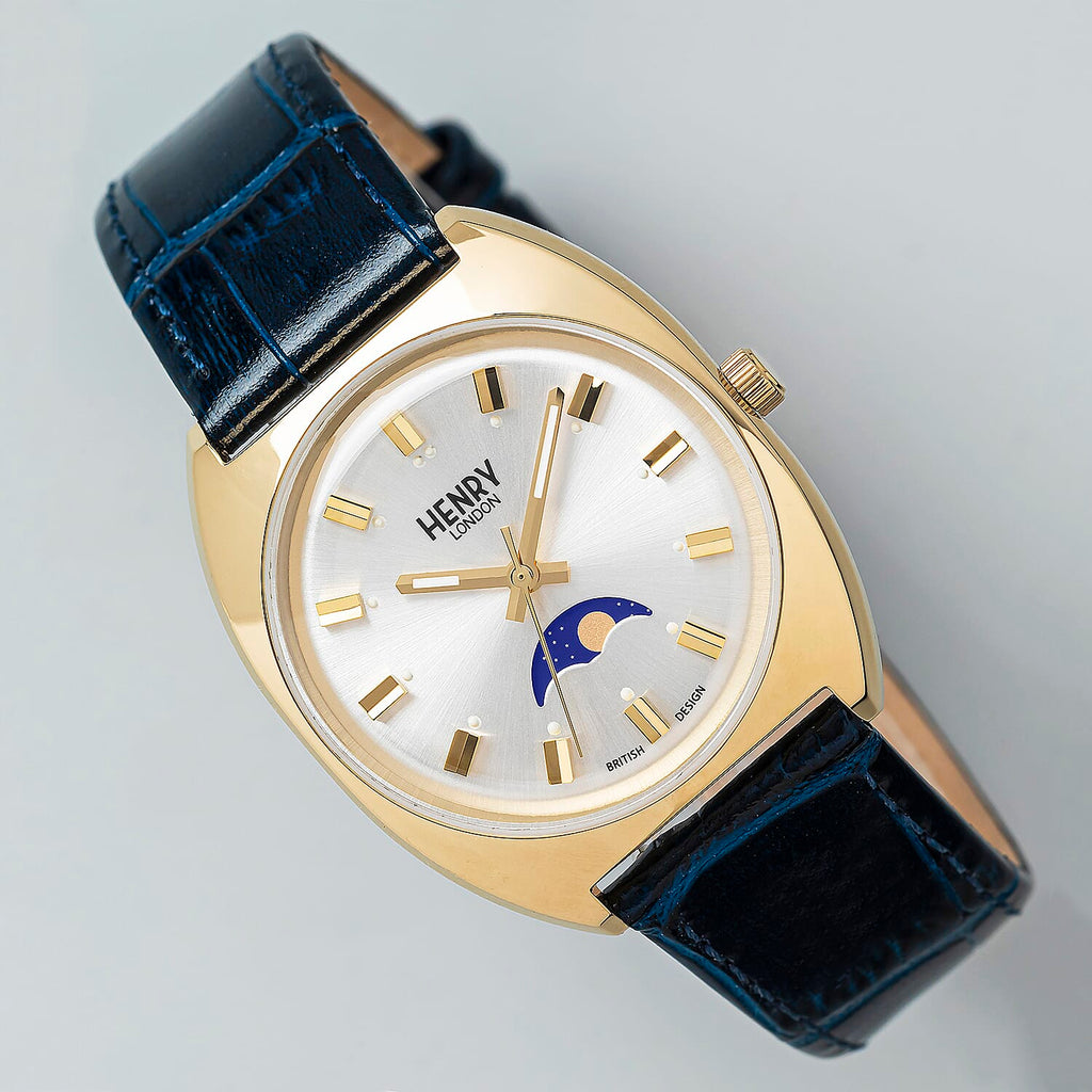 Henry London Moonphase Square Round White Silver Dial 3 ATM Water Resistant Watch with Navy Blue Colour Croc Pattern Strap