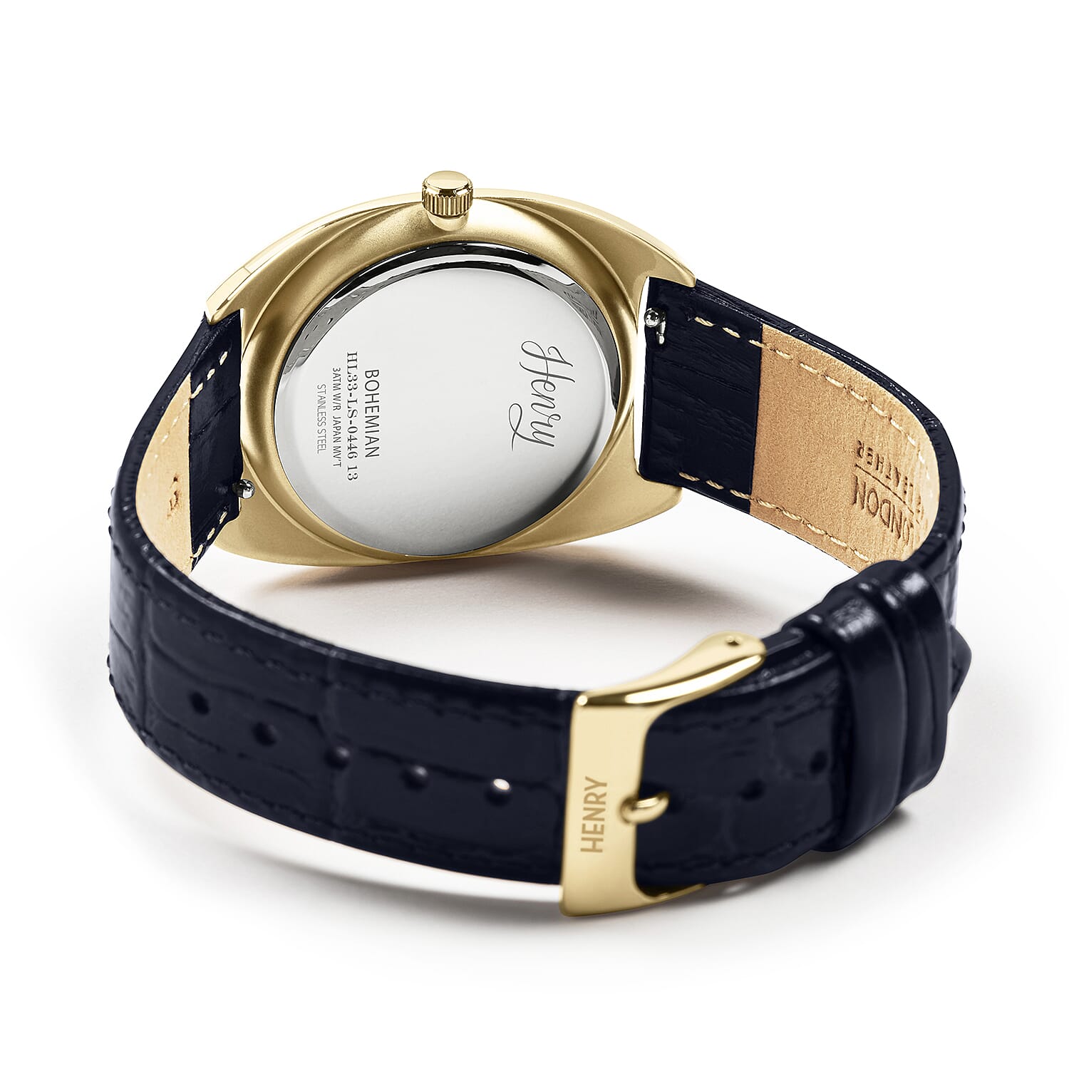 Henry London Moonphase Square Round White Silver Dial 3 ATM Water Resistant Watch with Navy Blue Colour Croc Pattern Strap