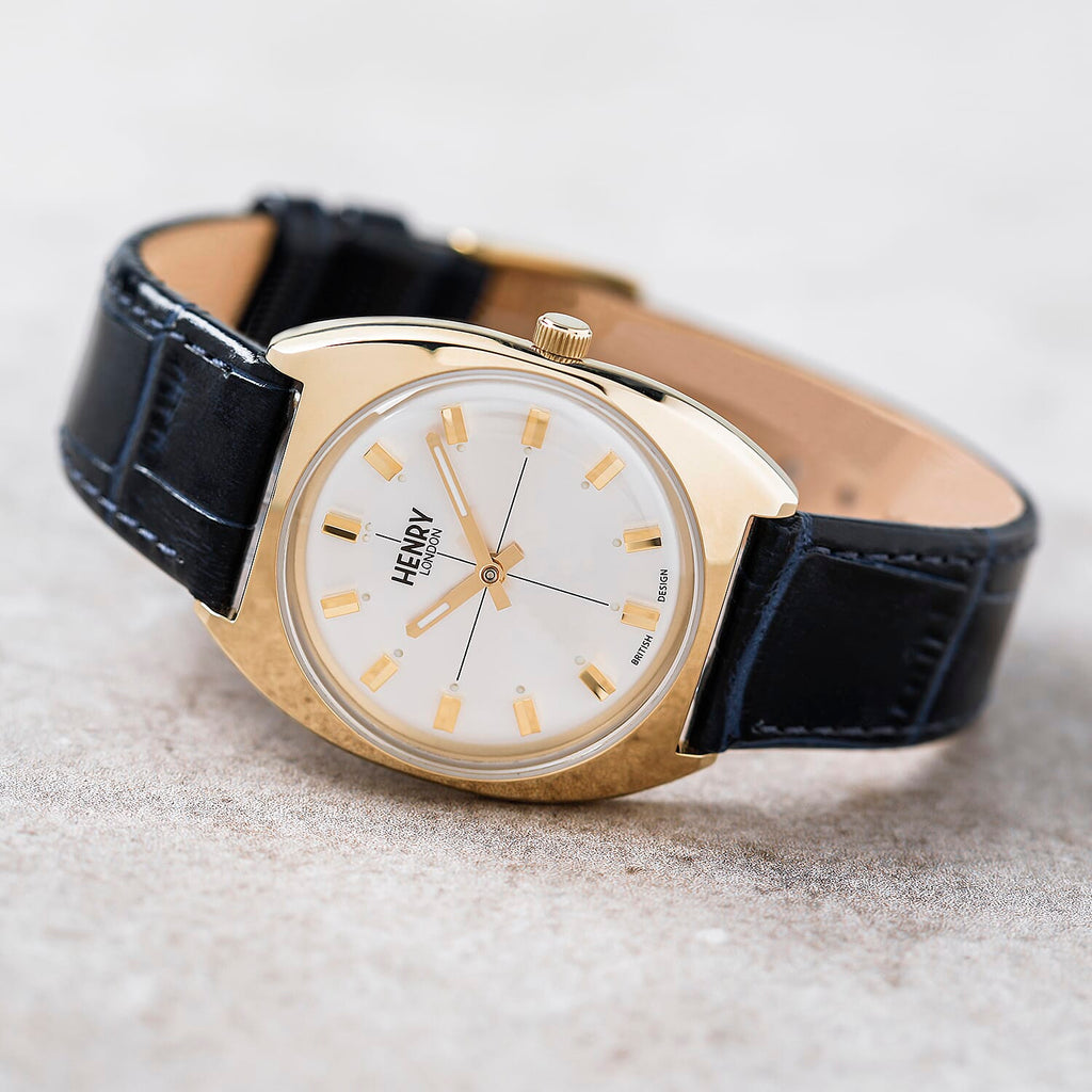Henry London Vintage Square Round White Silver Dial 3 ATM Water Resistant Watch with Navy Colour Leather Strap