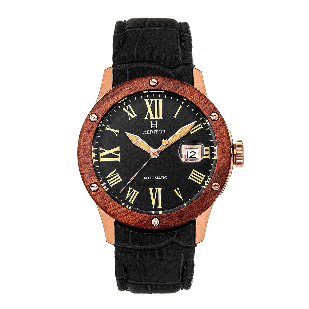 Heritor Automatic Everest Black Analog Dial Rose Gold Bezel 10 ATM Mens Watch in Black Genuine Leather Strap