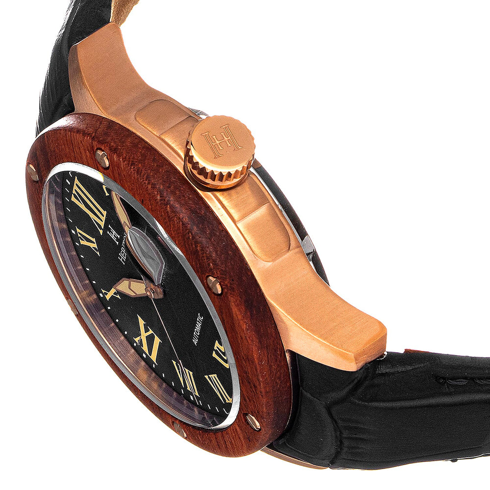 Heritor Automatic Everest Black Analog Dial Rose Gold Bezel 10 ATM Mens Watch in Black Genuine Leather Strap