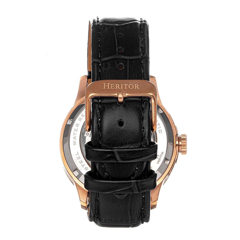 Heritor Automatic Everest Black Analog Dial Rose Gold Bezel 10 ATM Mens Watch in Black Genuine Leather Strap