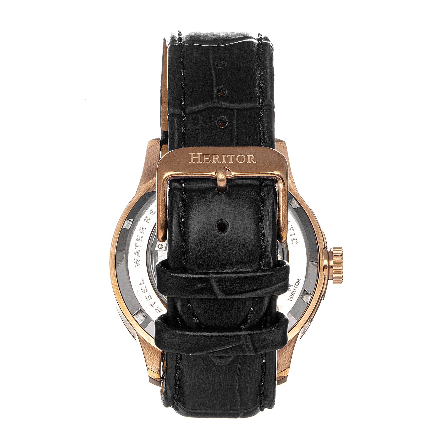 Heritor Automatic Everest Black Analog Dial Rose Gold Bezel 10 ATM Mens Watch in Black Genuine Leather Strap