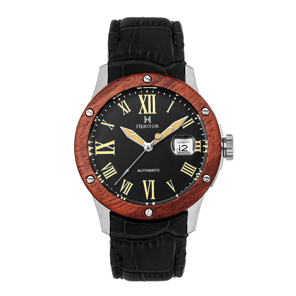 Heritor Automatic Everest Black Analog Dial Silver Bezel 10 ATM Mens Watch in Light Brown Genuine Leather Strap