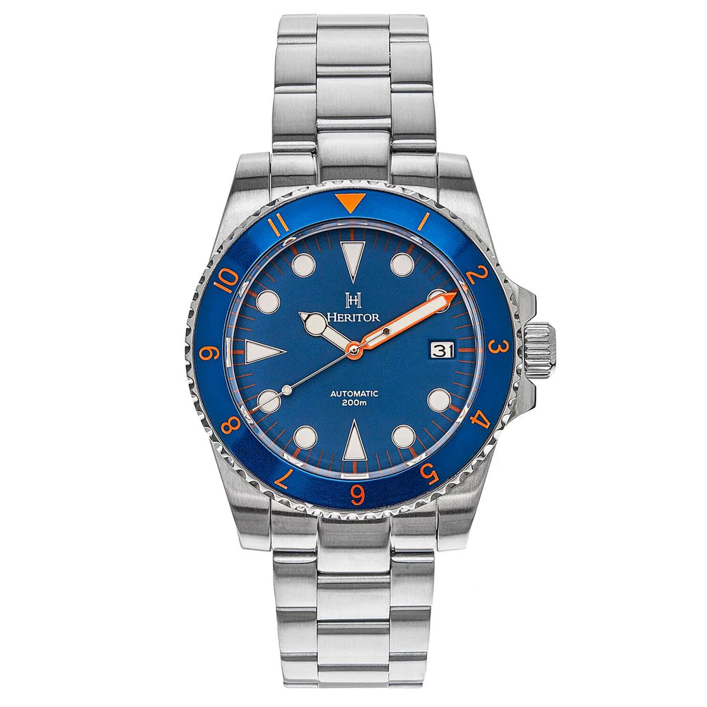 HERITOR Luciano Automatic Movt. 20ATM Water Resistance Blue Dial Mens Watch with Silver Colour Stainless Steel Chain Strap