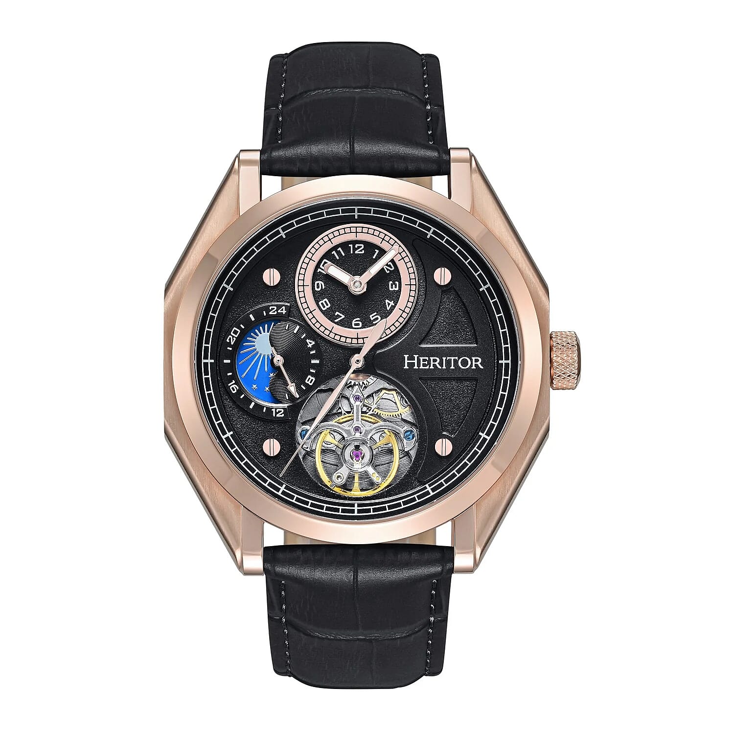 HERITOR Antoni Automatic 5ATM WR Silver Dial - Rose Gold Case Mens Watch with Black Leather Strap