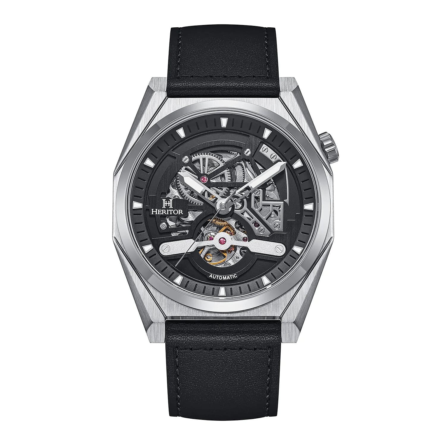 HERITOR Amadeus Automatic 10ATM WR Black Dial - Silver Case Mens Watch with Black Genuine Leather Strap
