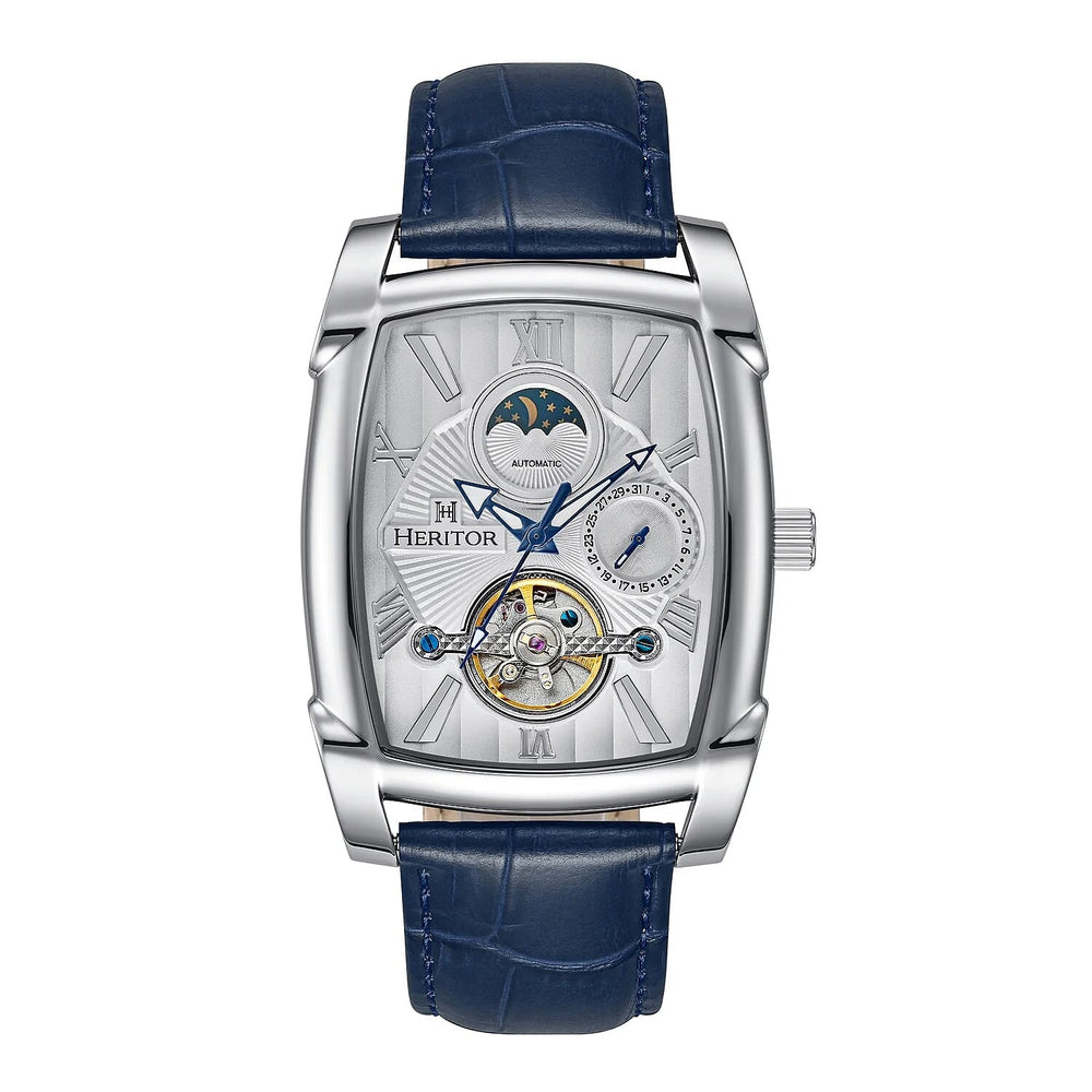 HERITOR Valentin Automatic 5ATM WR Black Dial - Silver Case Mens Watch with Blue Leather Strap