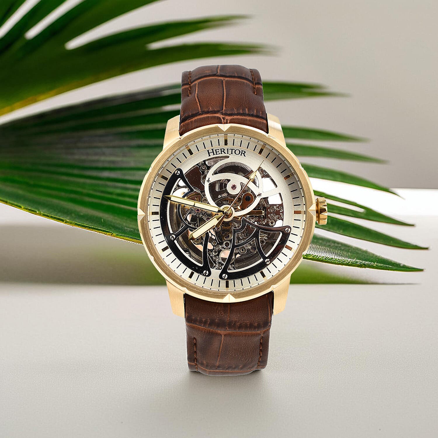 Ryder Collection Heritor Automatic Movement 5 ATM Water Resistant Watch with Dark Brown Genuine Leather Strap
