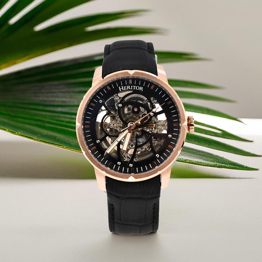 Ryder Collection Heritor Automatic Movt. 5 ATM Water Resistant Watch with Black Genuine Leather Strap