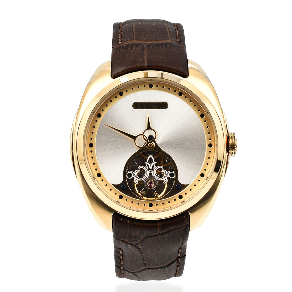 HERITOR Automatic Semi-Skeleton Movement 5ATM Water Resistance Gold Dial Mens Watch with Brown Leather Strap