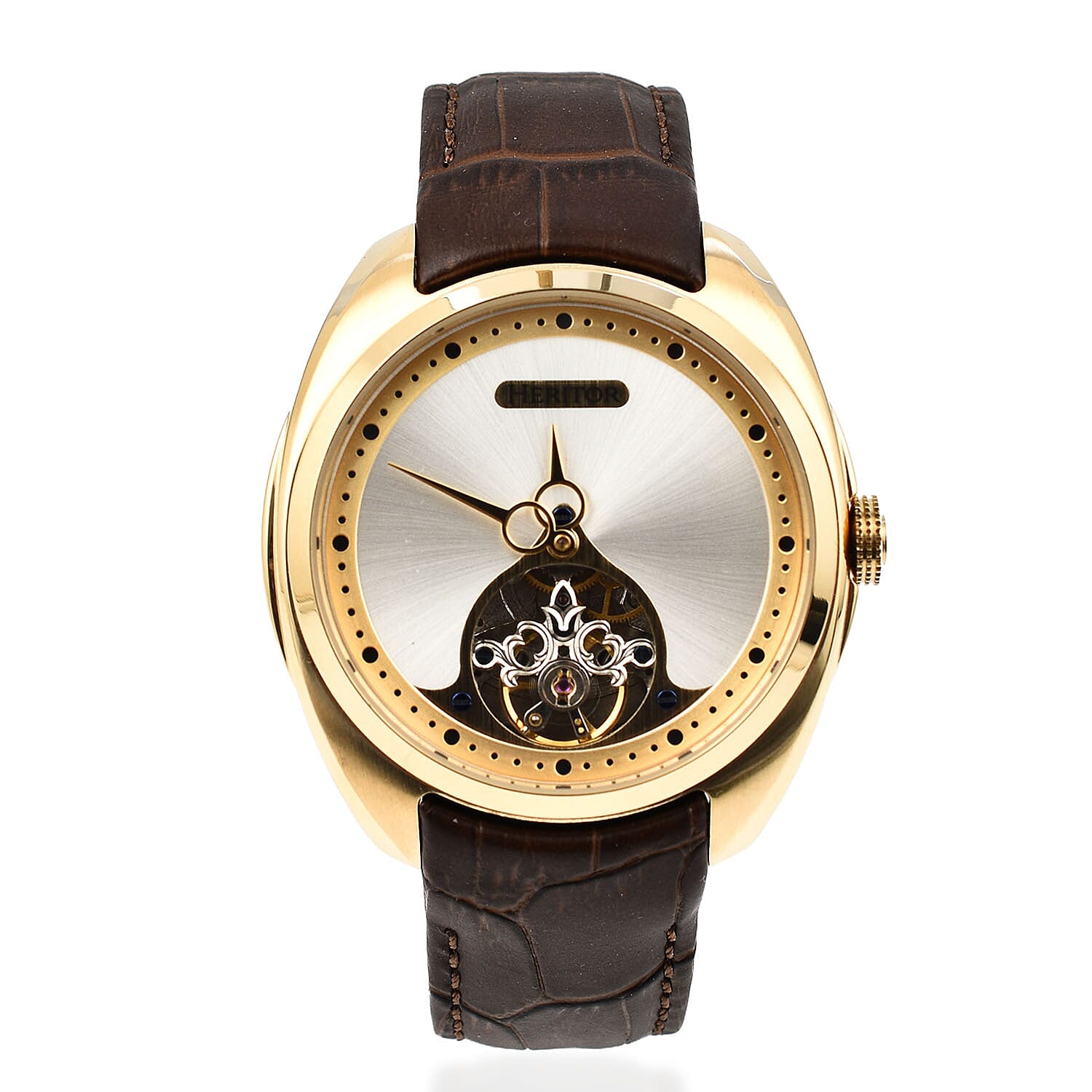 HERITOR Automatic Semi-Skeleton Movement 5ATM Water Resistance Gold Dial Mens Watch with Brown Leather Strap
