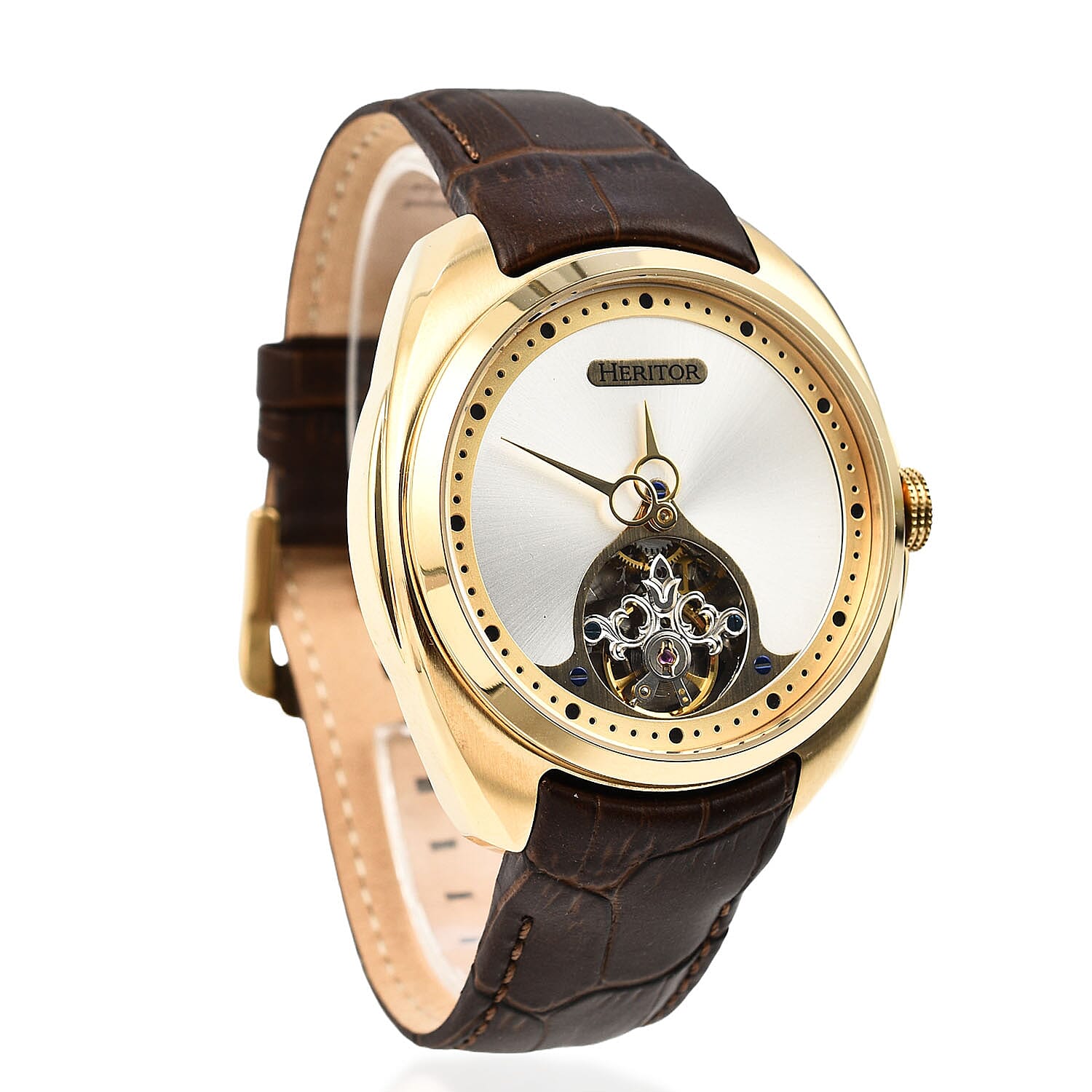 HERITOR Automatic Semi-Skeleton Movement 5ATM Water Resistance Gold Dial Mens Watch with Brown Leather Strap
