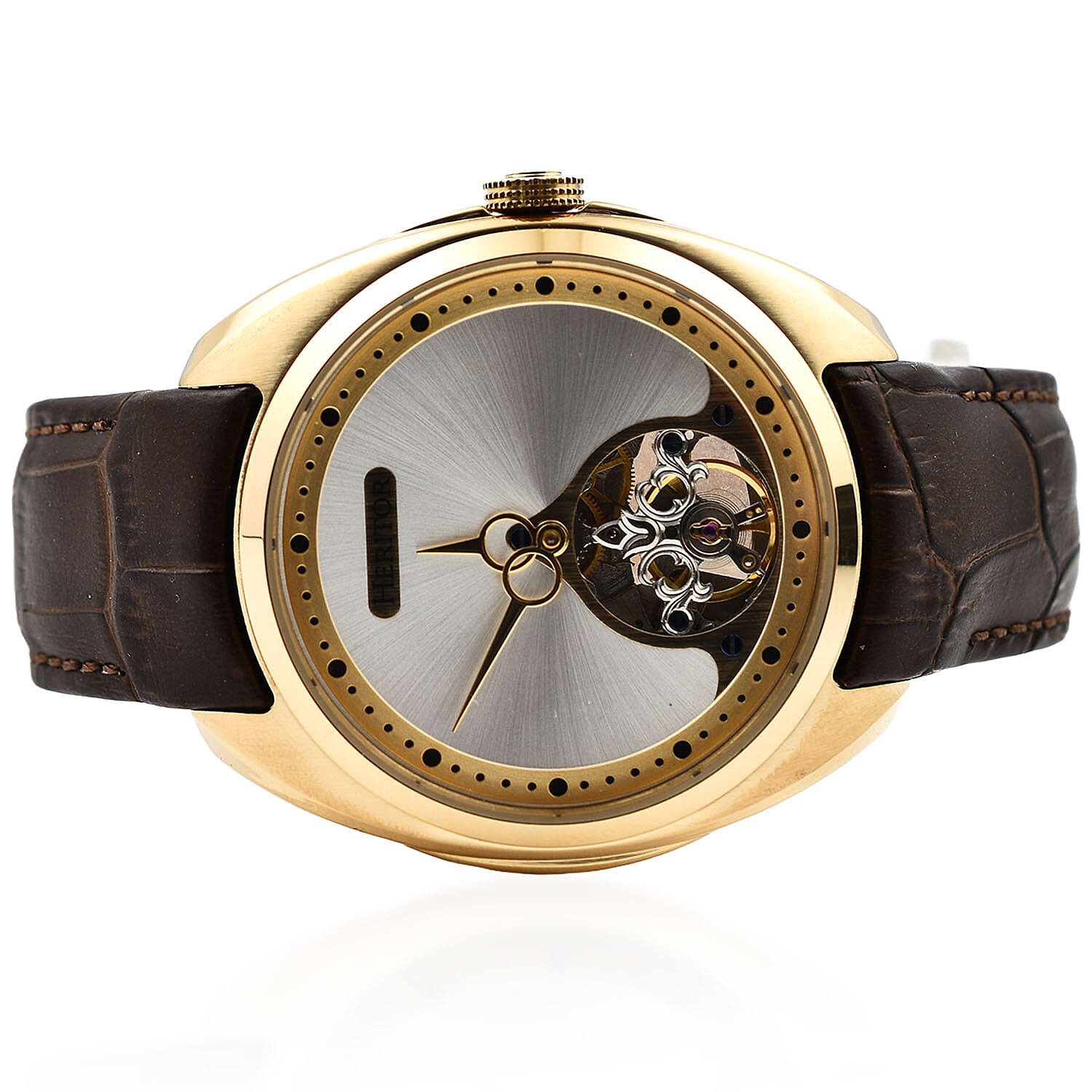 HERITOR Automatic Semi-Skeleton Movement 5ATM Water Resistance Gold Dial Mens Watch with Brown Leather Strap