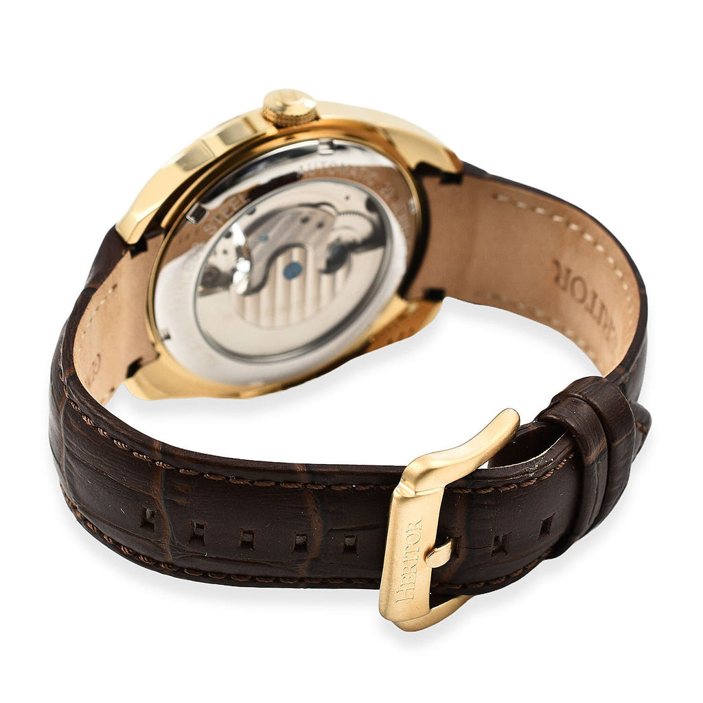 HERITOR Automatic Semi-Skeleton Movement 5ATM Water Resistance Gold Dial Mens Watch with Brown Leather Strap