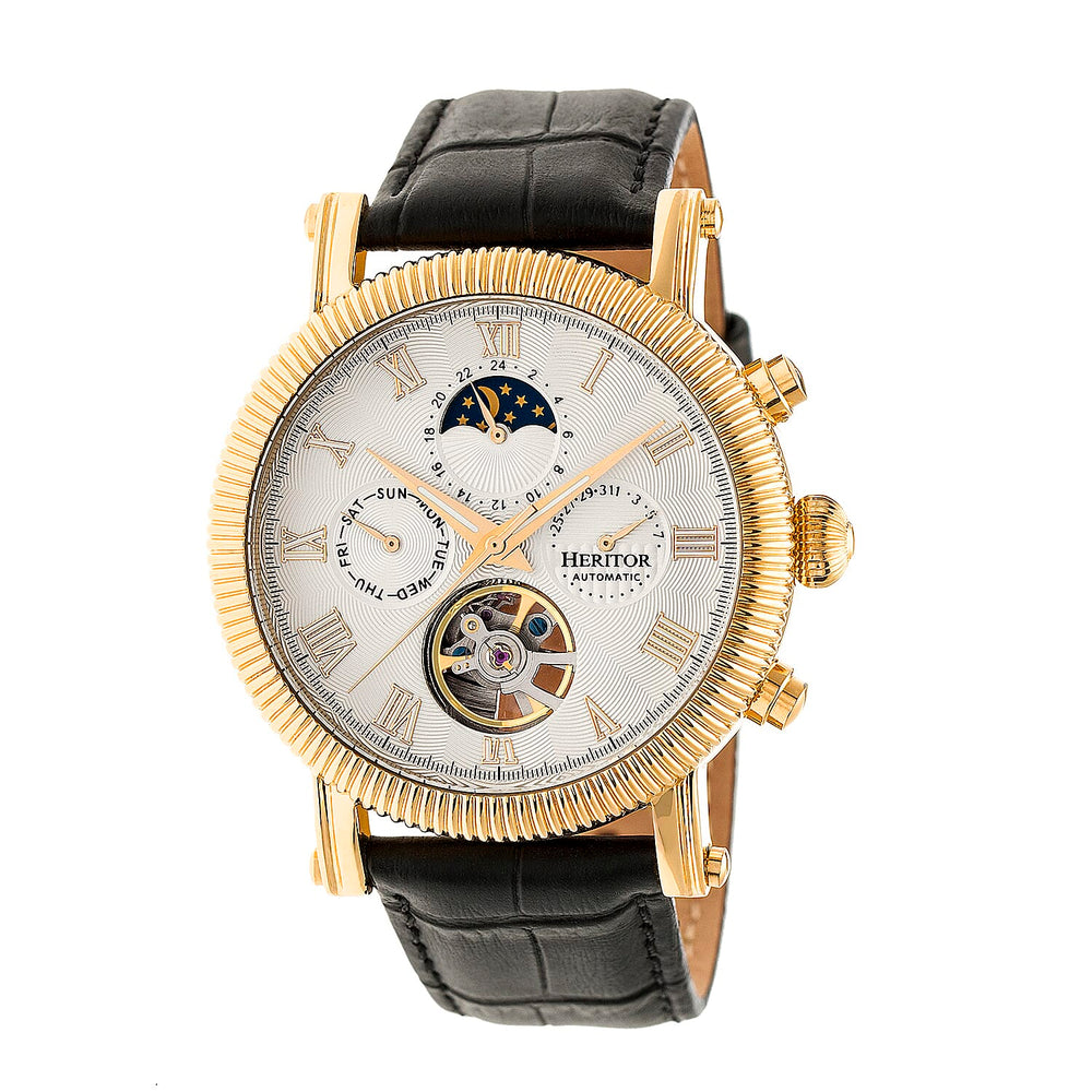 Heritor Winston Automatic Movt. 10ATM Water Resistance White - Gold Dial Mens Watch with Black Leather Strap