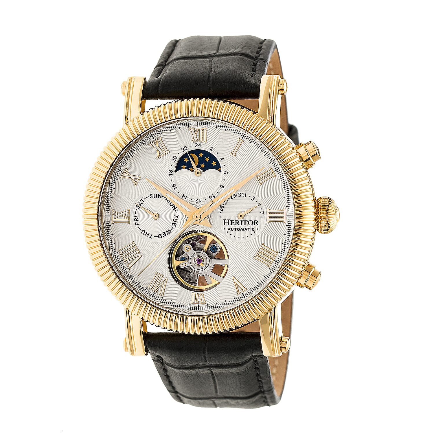 Heritor Winston Automatic Movt. 10ATM Water Resistance White - Gold Dial Mens Watch with Black Leather Strap