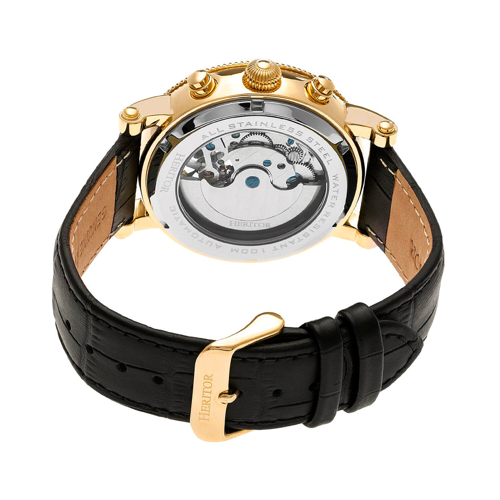 Heritor Winston Automatic Movt. 10ATM Water Resistance White - Gold Dial Mens Watch with Black Leather Strap