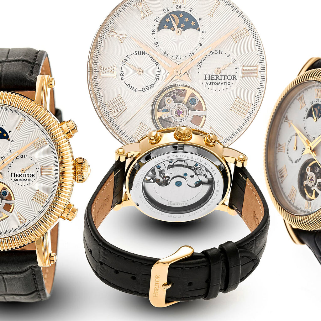 Heritor Winston Automatic Movt. 10ATM Water Resistance White - Gold Dial Mens Watch with Black Leather Strap
