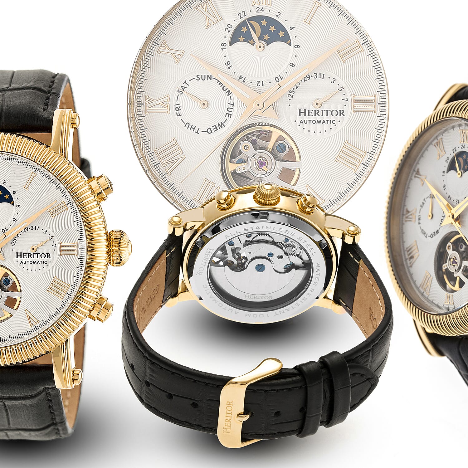Heritor Winston Automatic Movt. 10ATM Water Resistance White - Gold Dial Mens Watch with Black Leather Strap