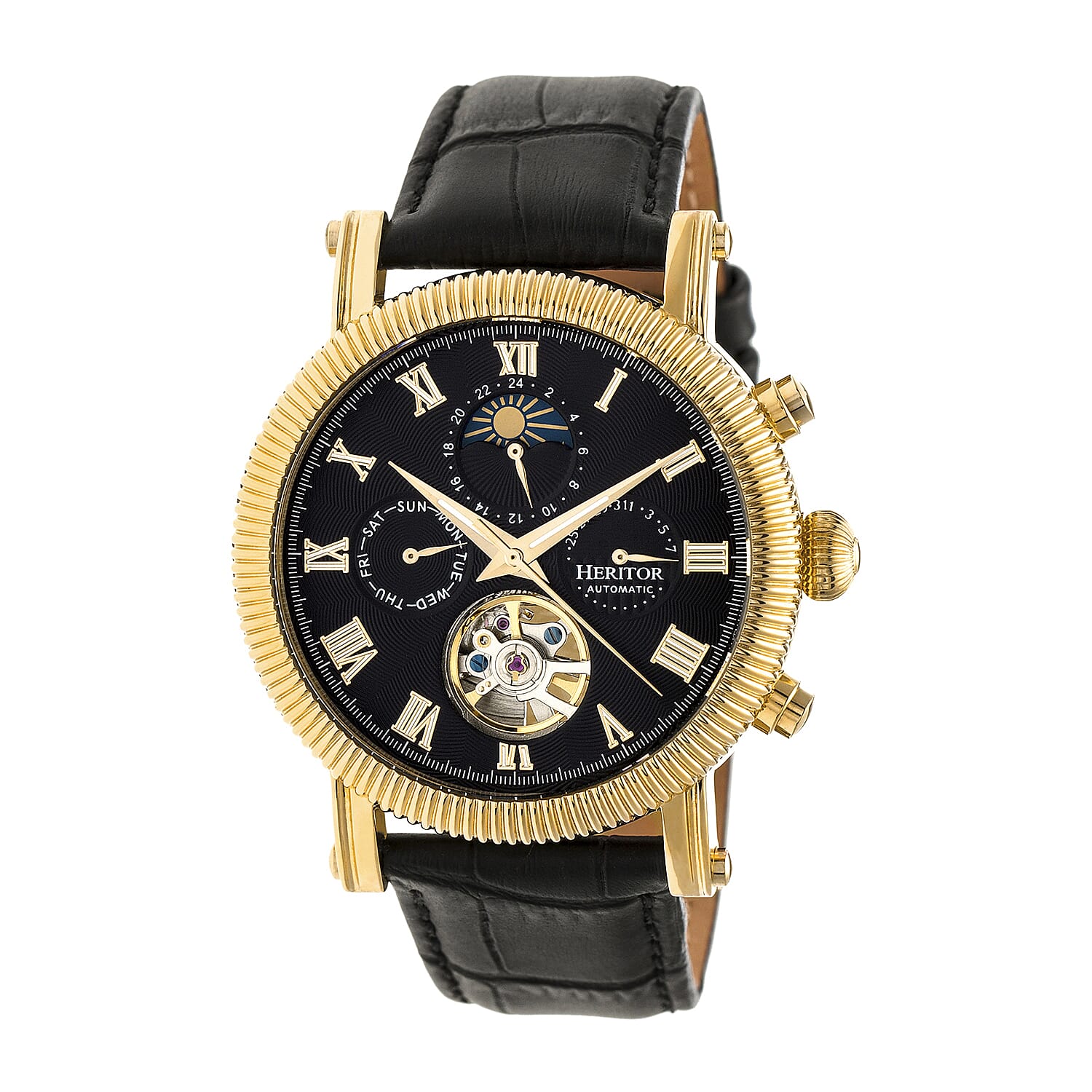 Heritor Winston Automatic Movt. 5ATM Water Resistance Black - Gold Dial Mens Watch with Black Leather Strap