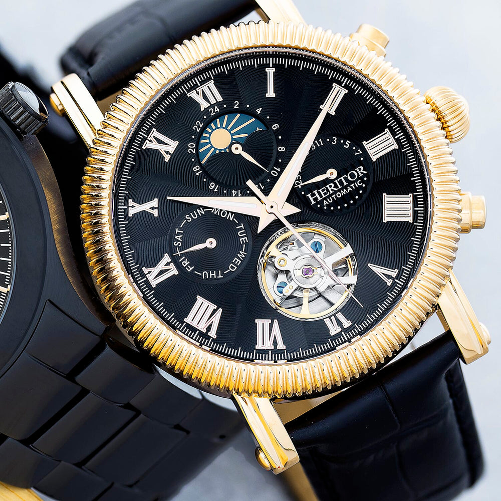 Heritor Winston Automatic Movt. 5ATM Water Resistance Black - Gold Dial Mens Watch with Black Leather Strap