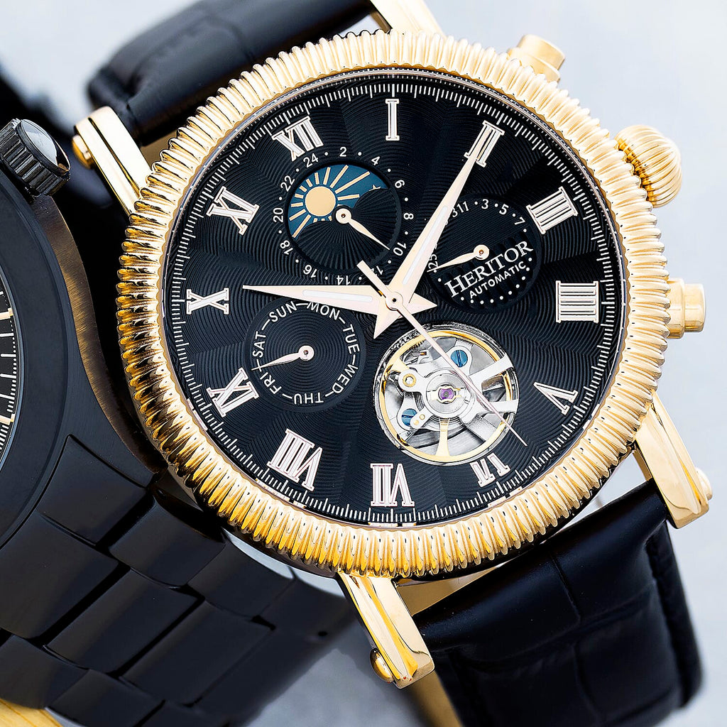Heritor Winston Automatic Movt. 5ATM Water Resistance Black - Gold Dial Mens Watch with Black Leather Strap