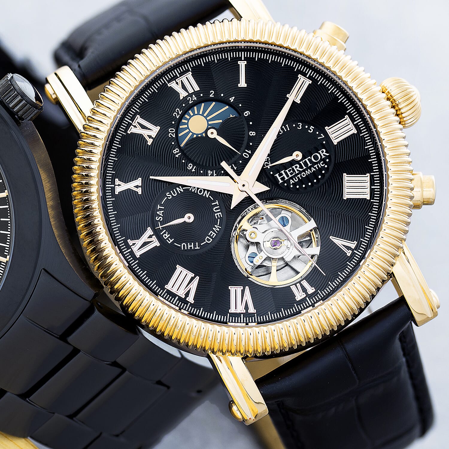 Heritor Winston Automatic Movt. 5ATM Water Resistance Black - Gold Dial Mens Watch with Black Leather Strap