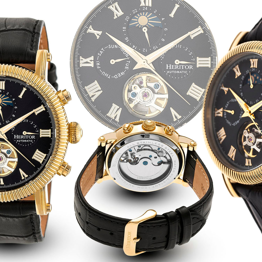 Heritor Winston Automatic Movt. 5ATM Water Resistance Black - Gold Dial Mens Watch with Black Leather Strap