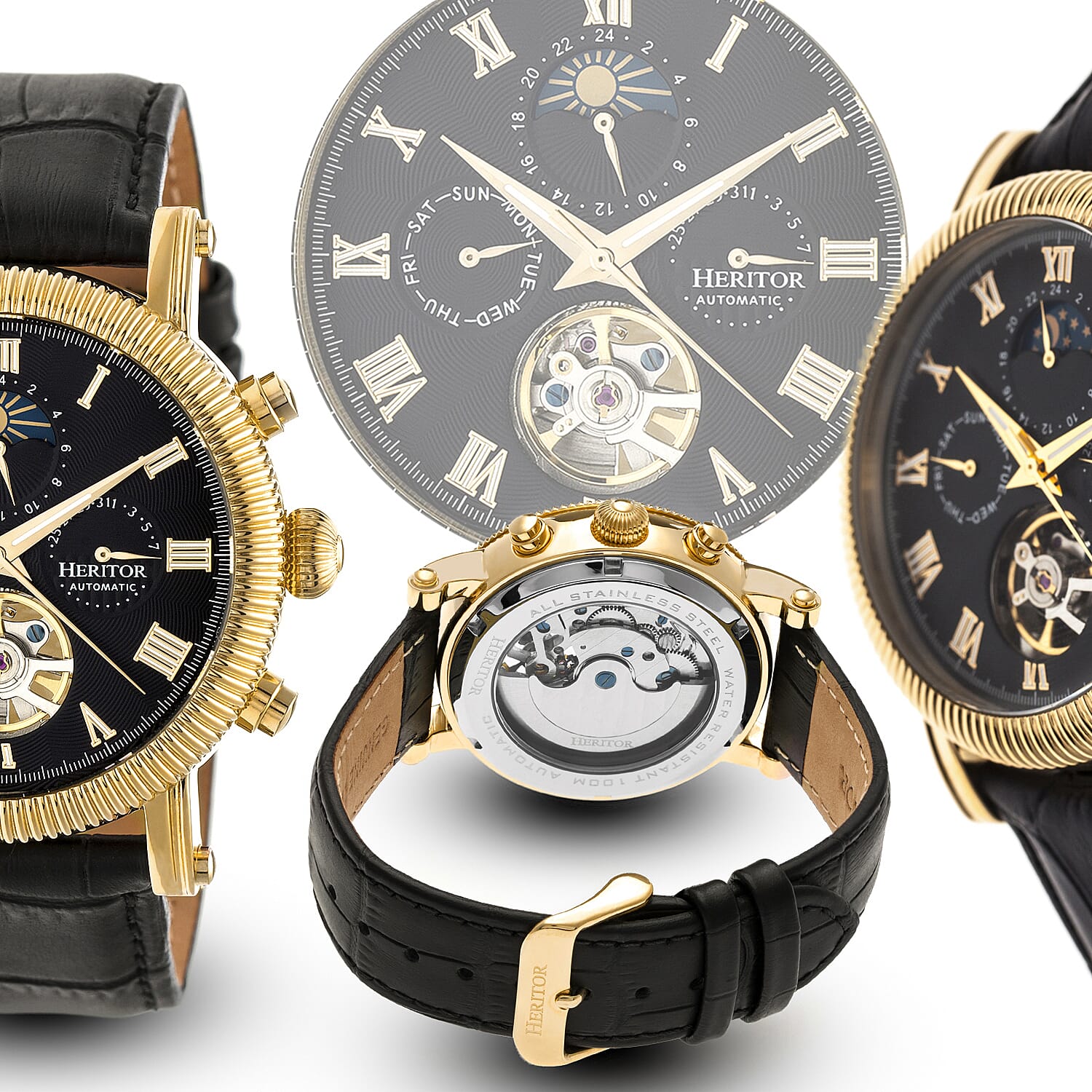 Heritor Winston Automatic Movt. 5ATM Water Resistance Black - Gold Dial Mens Watch with Black Leather Strap