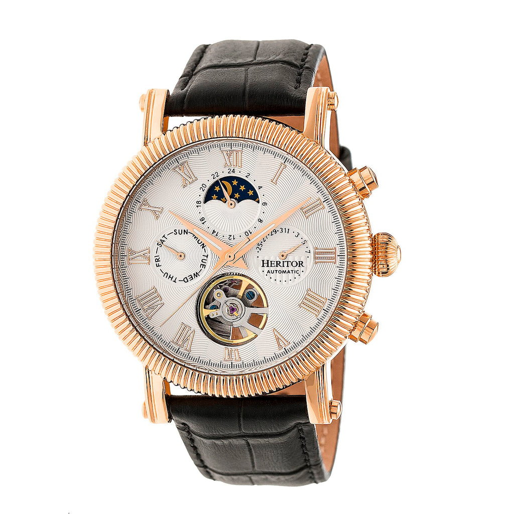Heritor Winston Automatic Movt. 5ATM Water Resistance White - Rose Dial Mens Watch with Black Leather Strap