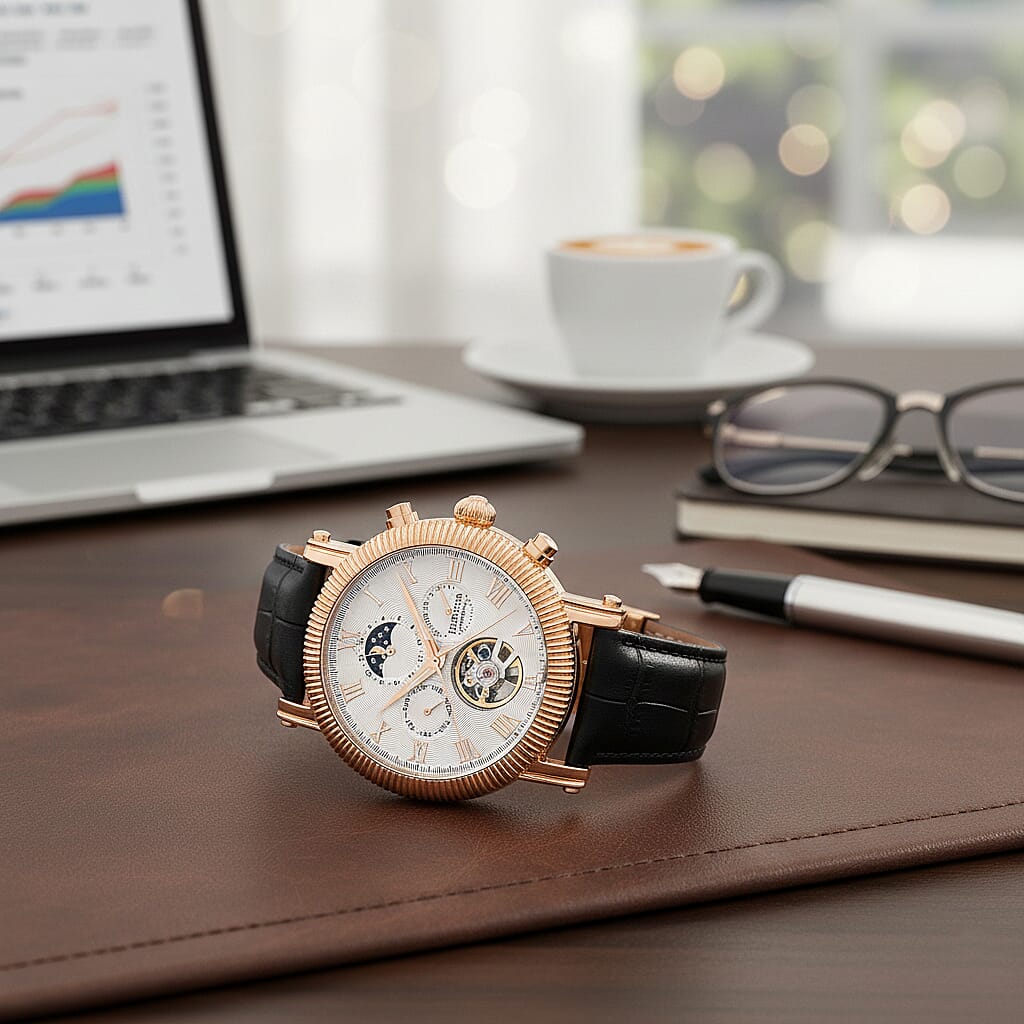 Heritor Winston Automatic Movt. 5ATM Water Resistance White - Rose Dial Mens Watch with Black Leather Strap