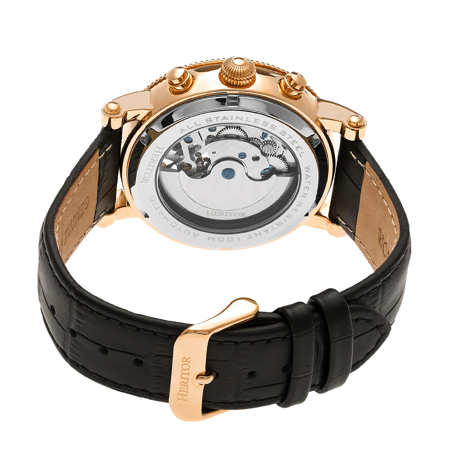 Heritor Winston Automatic Movt. 5ATM Water Resistance White - Rose Dial Mens Watch with Black Leather Strap