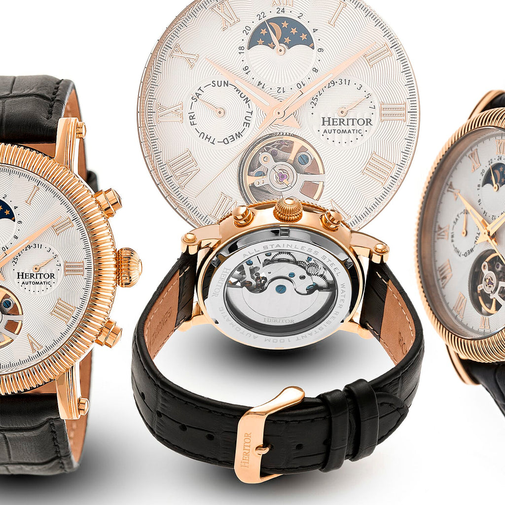 Heritor Winston Automatic Movt. 5ATM Water Resistance White - Rose Dial Mens Watch with Black Leather Strap