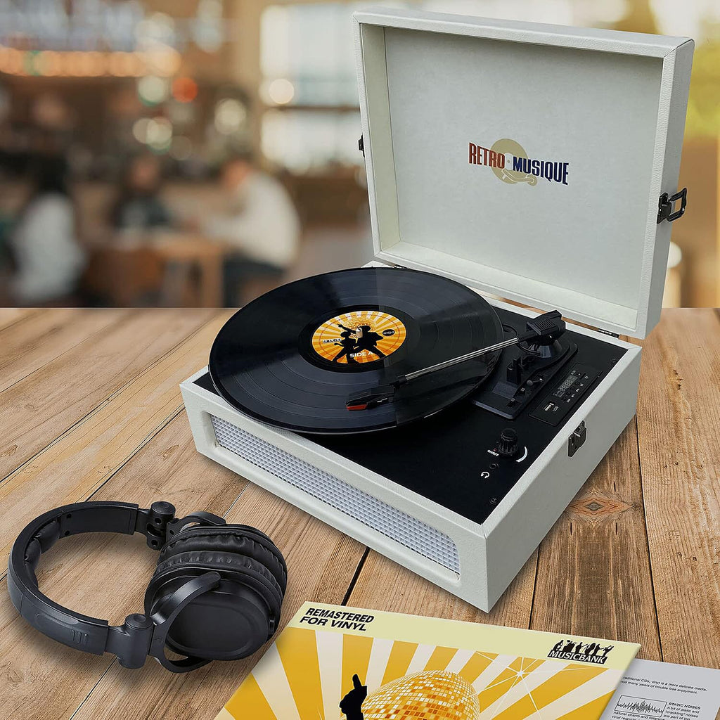 Retro Musique Bluetooth Suitcase Style Record Player With FM Radio LED Display Panel, Built-in Speakers - USB-TF Card Reader includes 1 x 4GB USB - Cream