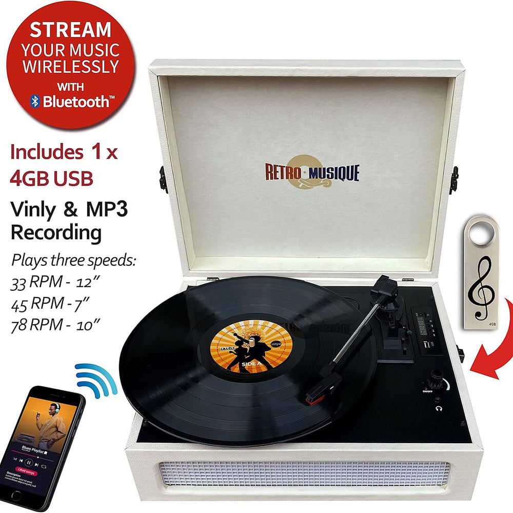 Retro Musique Bluetooth Suitcase Style Record Player With FM Radio LED Display Panel, Built-in Speakers - USB-TF Card Reader includes 1 x 4GB USB - Cream